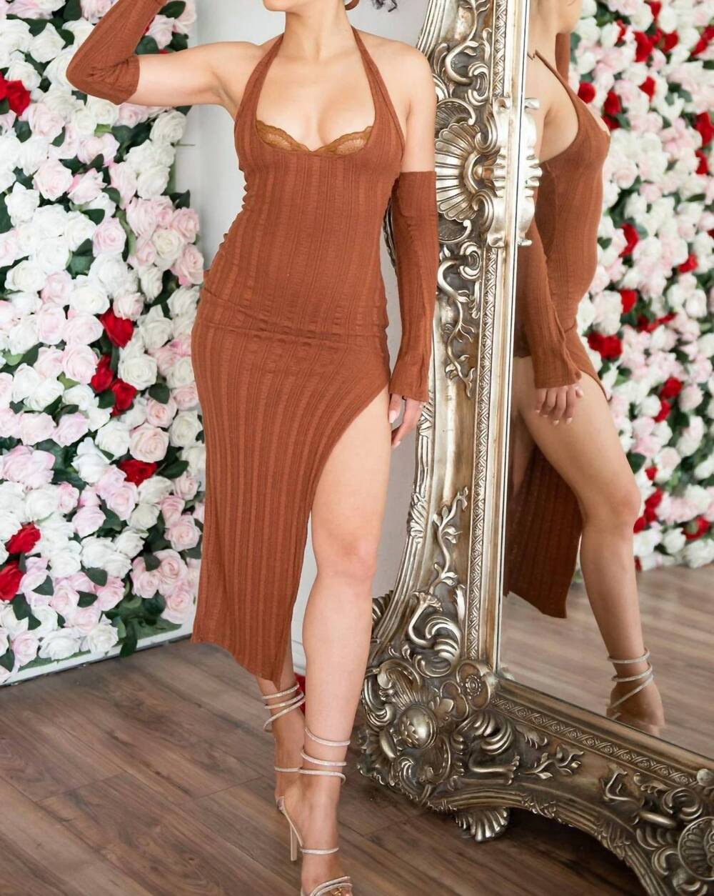 NEW NEW PINK brynlee knitted midi dress in brown